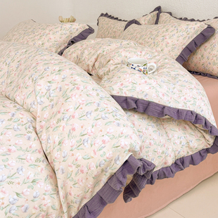法式韩版花边全棉双层纱床上四件套纯棉母婴级花卉床单被套公主风