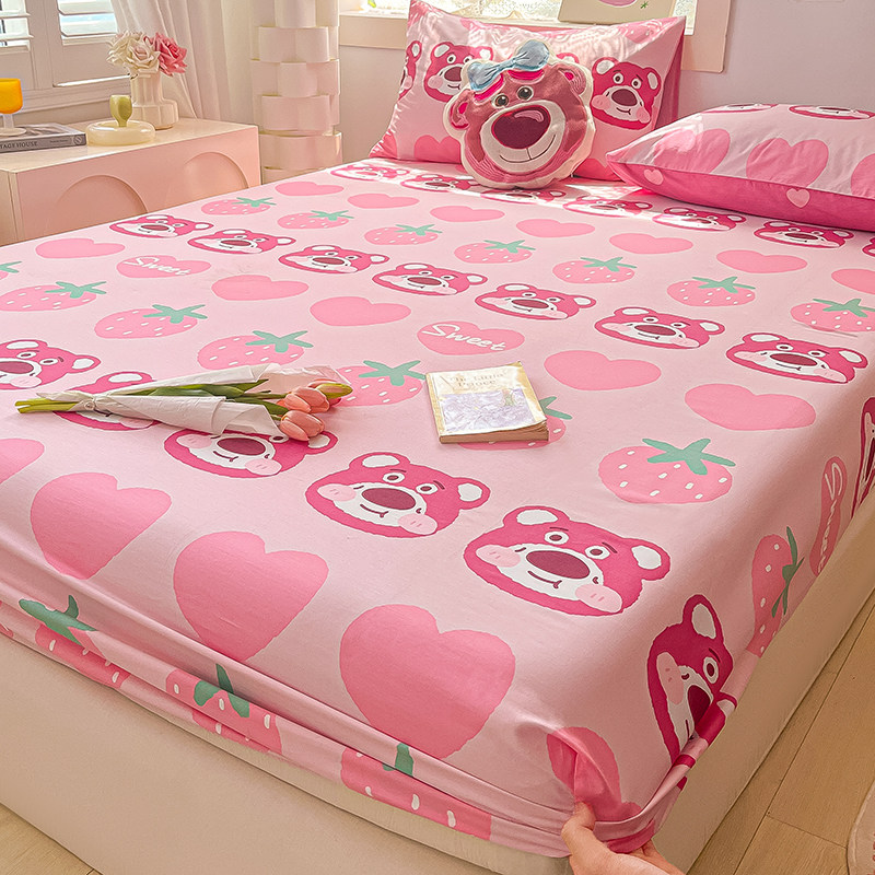 卡通纯棉床笠100全棉甜心熊床垫保护罩单双人防尘床套床罩三件套