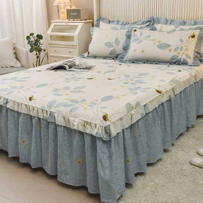 纯棉花边床裙单件 防滑花卉公主风双人加厚床套1.5米1.8m全棉床罩