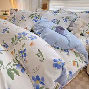 花卉纯棉被套单件150×200×230全棉床上四件套床单被罩单人3件套