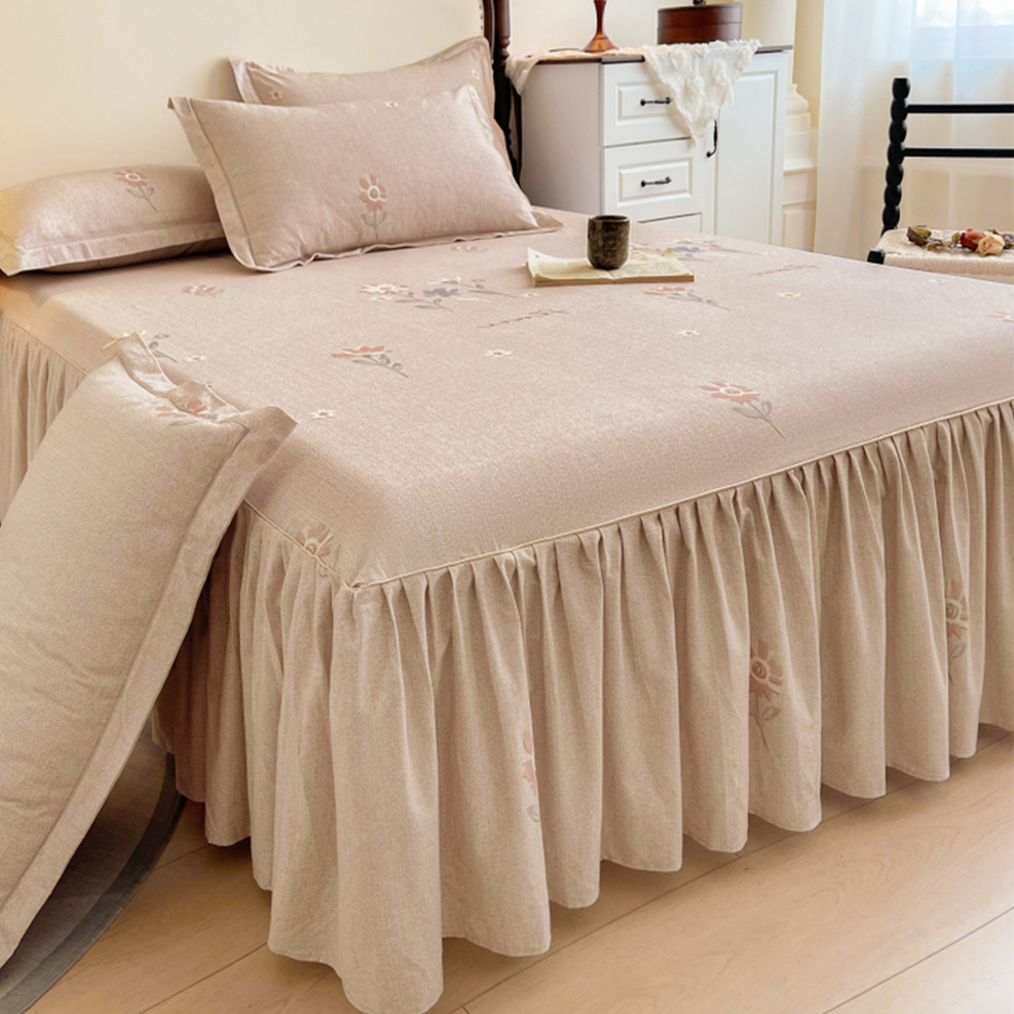 复古花卉加厚磨毛全棉床裙单件纯棉纯色床单带裙边遮丑下摆床围裙,床上用品,床裙,淘宝优惠券,粉丝福利购,淘宝优惠卷