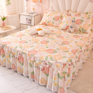 加厚夹棉床裙单件全棉简约风花卉床罩式 纯棉床罩公主风花边床笠套
