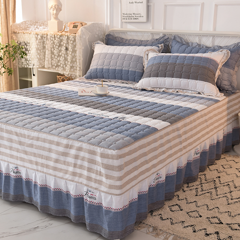 全棉夹棉床裙单件 加厚纯棉条纹床罩床套罩床单防尘床盖床笠裙式