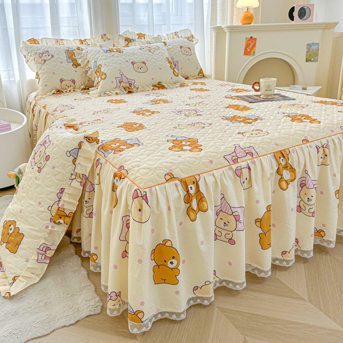 卡通纯棉床裙单件田园花卉公主花边全棉夹棉防滑床单带裙边床罩群