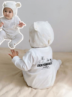 婴儿衣服秋季纯棉薄0-3-6月新生男女宝宝米奇连体衣长袖爬服哈衣