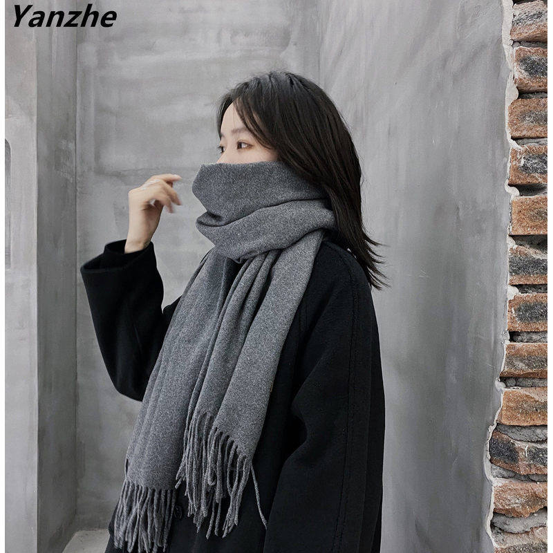 韩版灰色羊绒围巾女冬季高级感配大衣女士针织保暖长围脖加厚高档