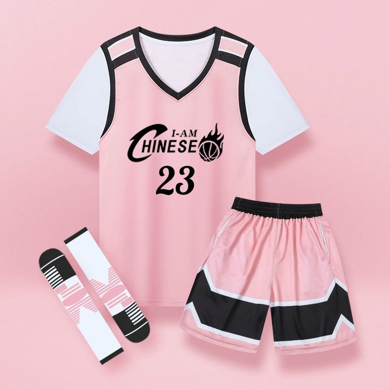 粉色短袖篮球服定制套装女学生比赛训练队服假两件短袖班服篮球衣