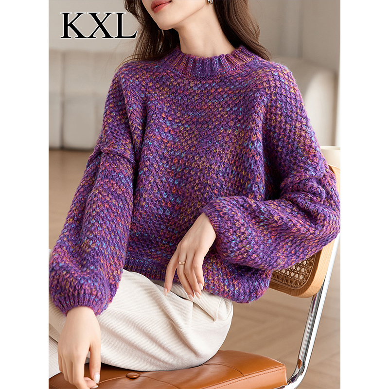 2025新款秋冬加厚粗毛线棒针超好看圆领毛衣女宽松慵懒风针织上衣