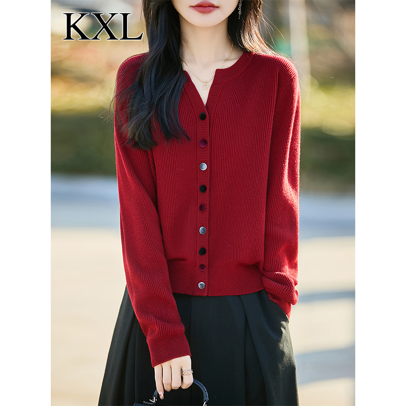 2025早春新款高级感气质小个子红色针织开衫女超好看薄款毛衣外套