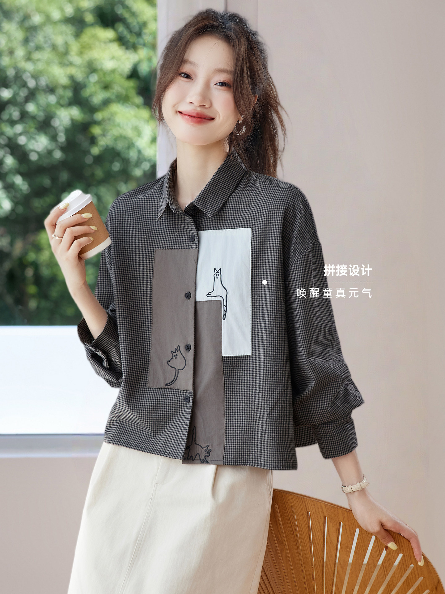 短款高腰纯棉长袖衬衫上衣女2025新款春秋小个子休闲宽松外穿衬衣