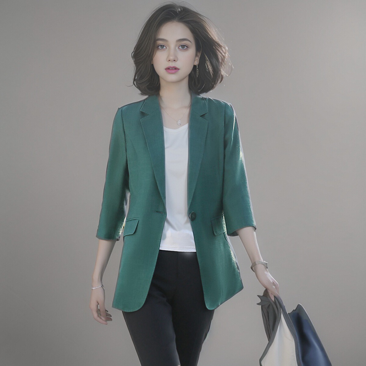 清仓夏季薄款棉麻小西装外套女百搭七分袖亚麻小西服女士休闲绿色