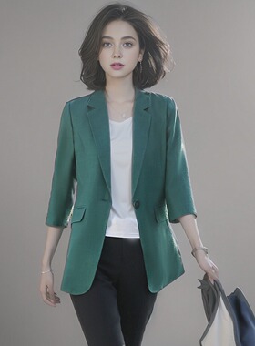 清仓夏季薄款棉麻小西装外套女百搭七分袖亚麻小西服女士休闲绿色