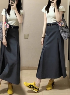 灰色西装半身裙女夏薄款2025新款胖mm显瘦中长裙高级感a字百褶裙