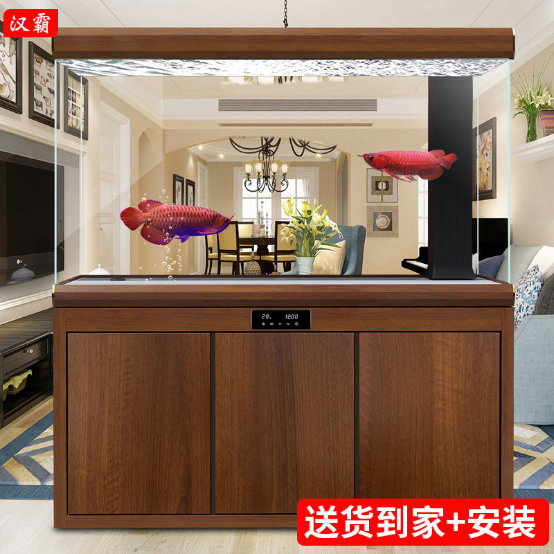 汉霸超白玻璃鱼缸客厅大型屏风落地家用玄关隔断墙底过滤金鱼缸