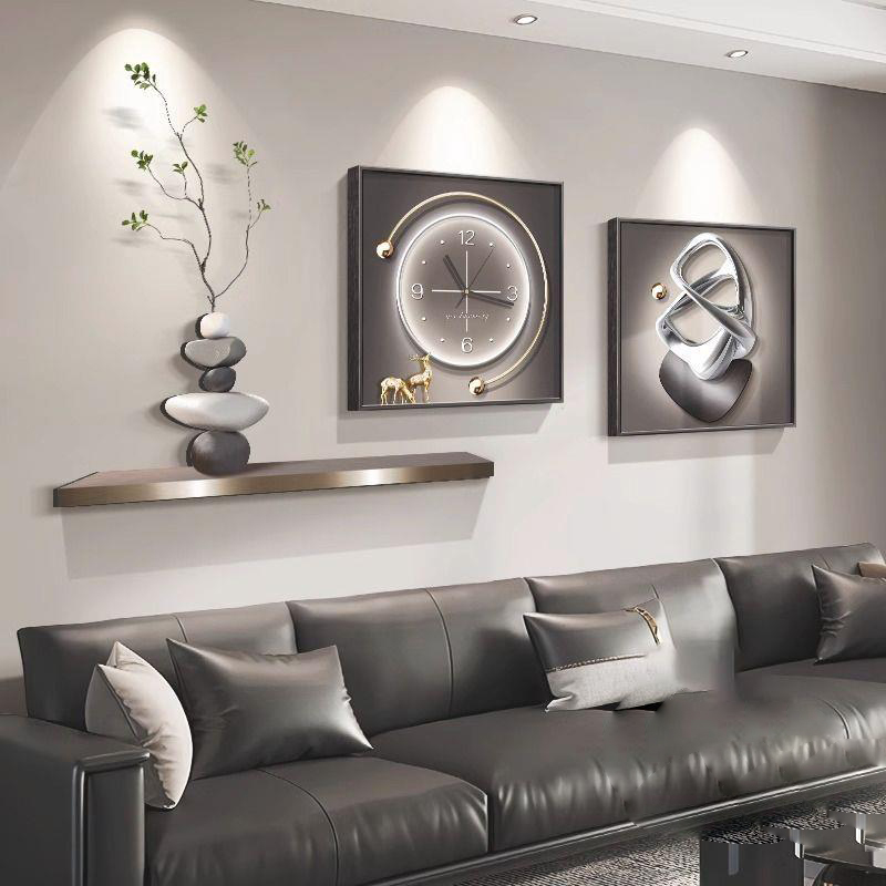 轻奢高级感客厅沙发背景墙装饰画现代时钟表挂画石来运转大气壁画图片