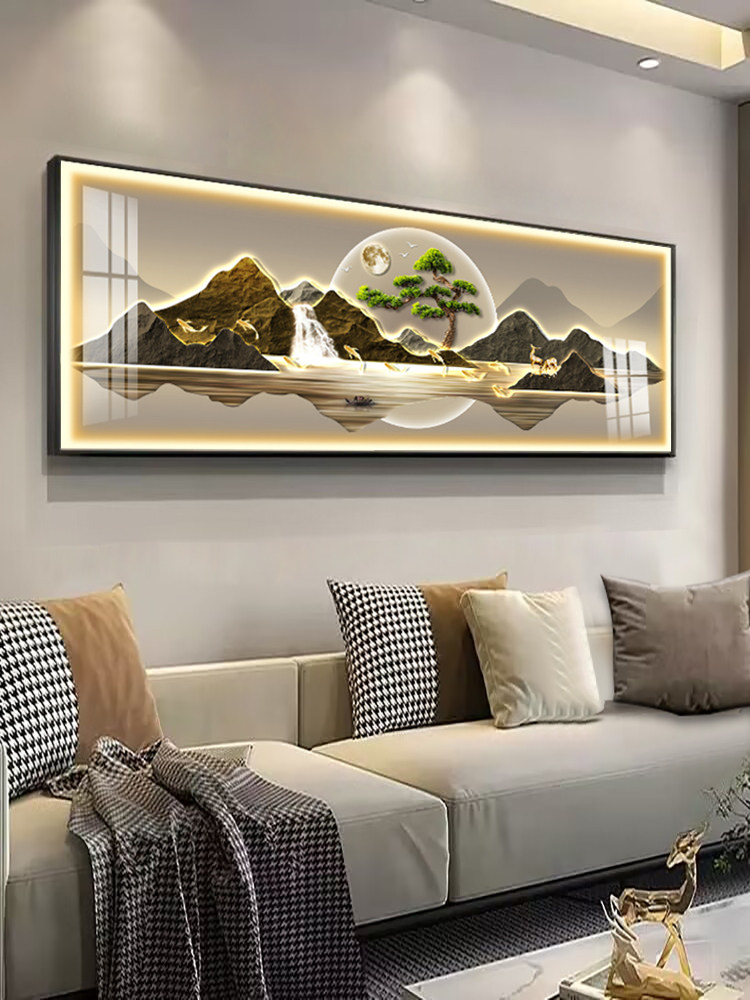 现代简约客厅装饰画新中式沙发背景墙挂画LED带灯办公室山水壁画