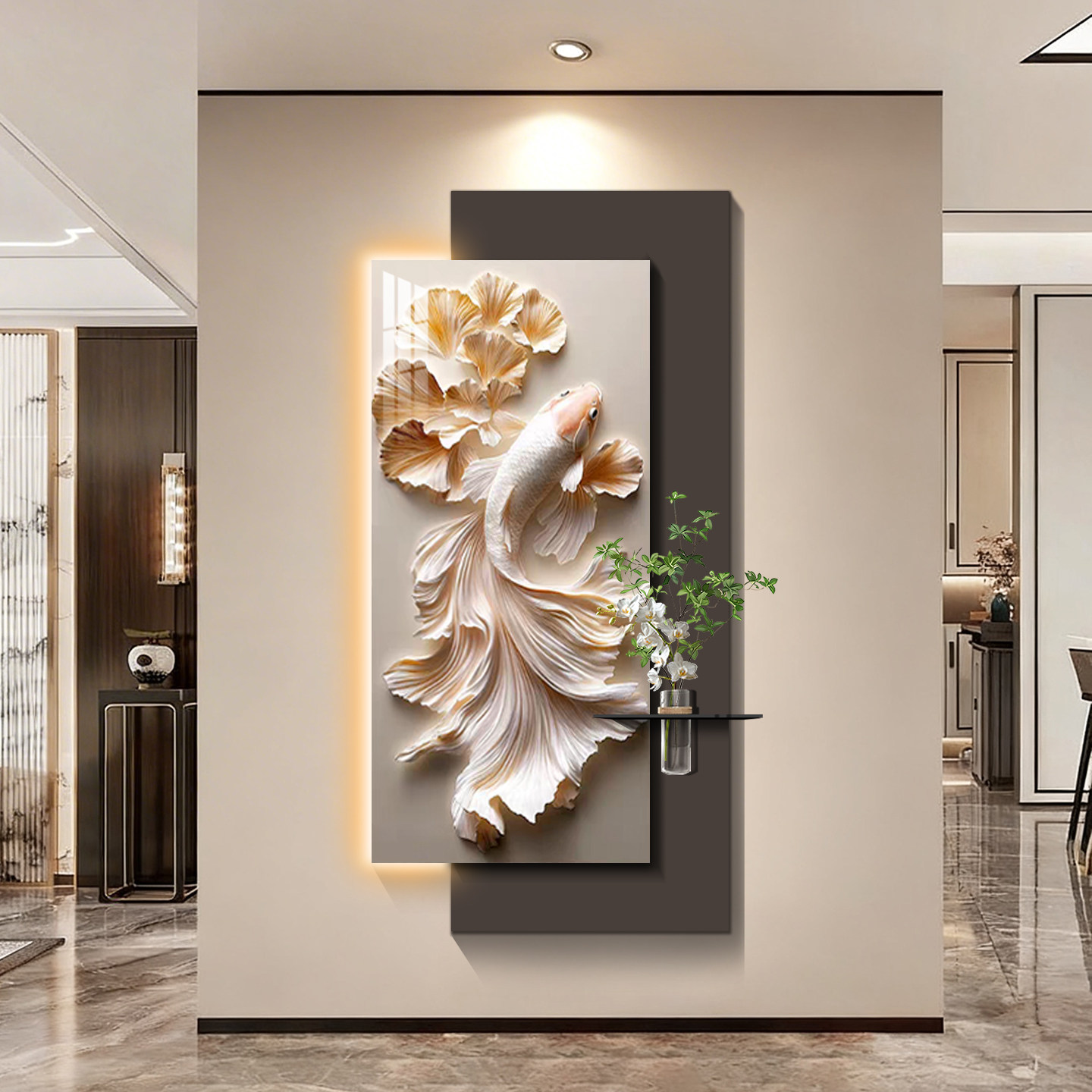 现代简约立体锦鲤荷花入户玄关装饰画客厅走廊墙壁画轻奢灯画新款