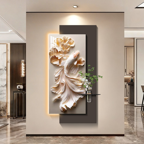 现代简约立体锦鲤荷花入户玄关装饰画客厅走廊墙壁画轻奢灯画新款