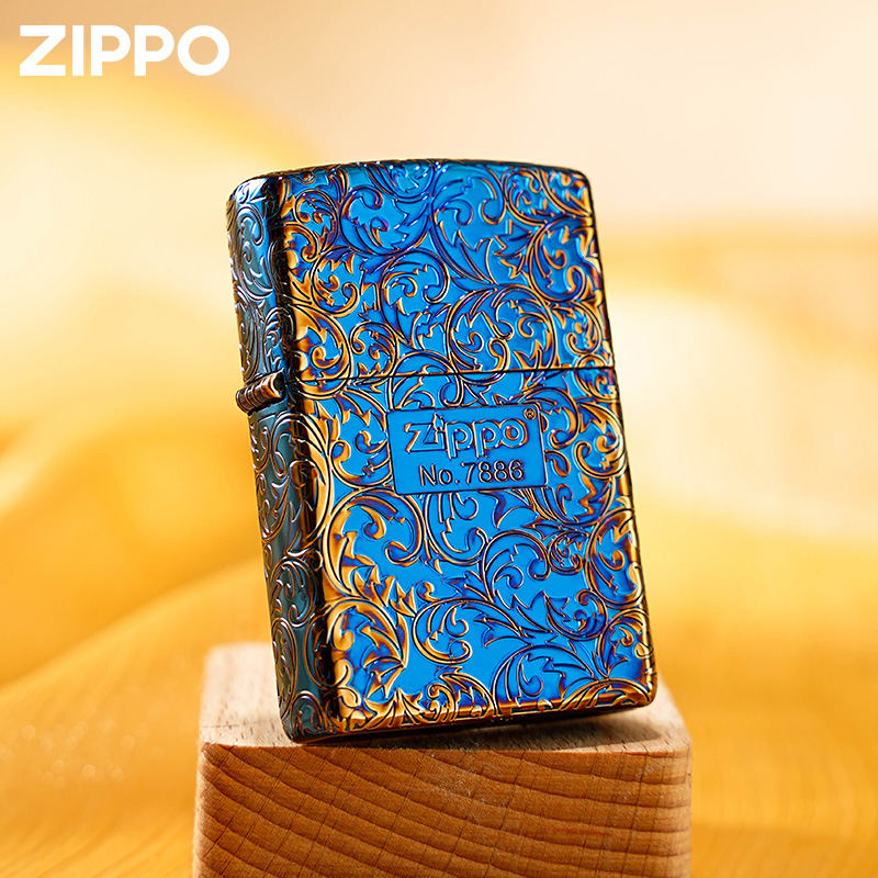 zippo打火机 烧金烤蓝唐草中标 官方正品五面雕刻 防风zppo煤油