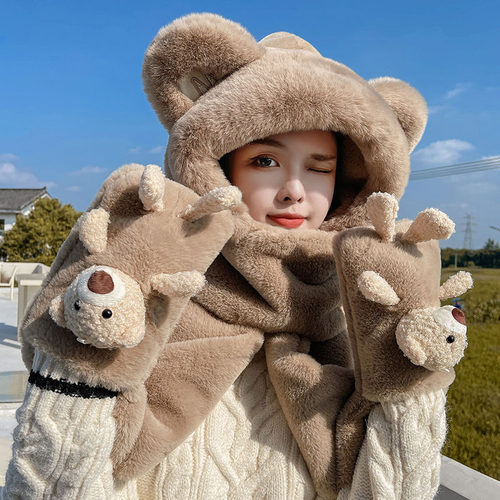 小熊帽冬季保暖加厚毛绒三件套