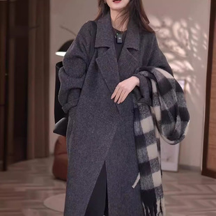 冬日爱丁堡双面羊毛大衣女长款秋冬宽松韩版牛角扣新款羊毛呢外套