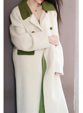 小香风绿色拼色长款双面羊绒大衣女高端设计师新款款毛呢子外套