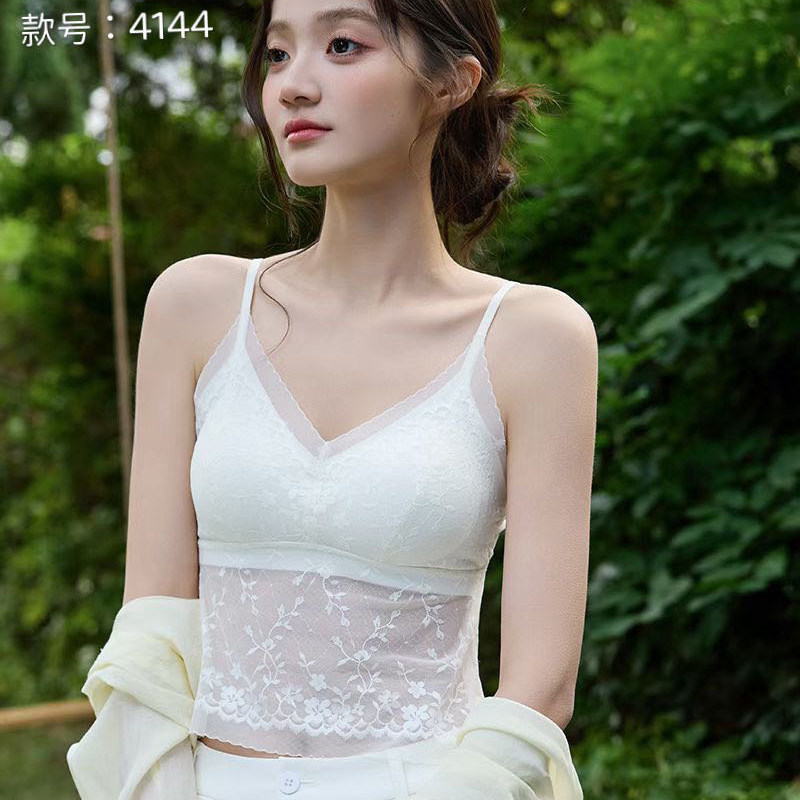 免穿文胸BraV领蕾丝美背吊带女长款轻羽显瘦防走光内搭打底背心女