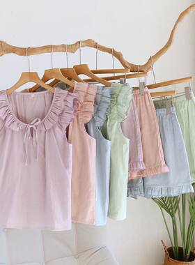 纯棉双层棉纱| 夏季素雅纯色背心短裤家居服女睡衣套装 多色入