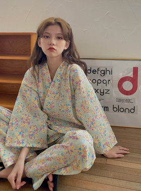 女纯棉纱布长袖和服浴衣系带睡衣