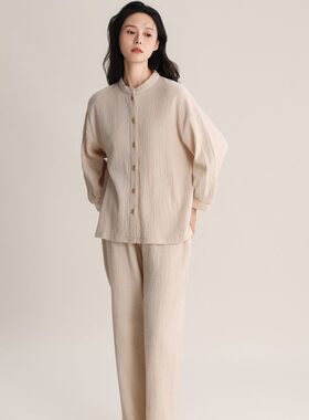 SDCL 日系春秋纯棉双层纱布纯色素雅文艺女长袖睡衣软绵家居服