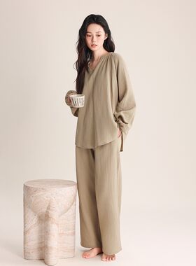 SD 韩式简约素雅纯色女长袖睡衣纯棉纱布绉布家居服 宽松慵懒范儿