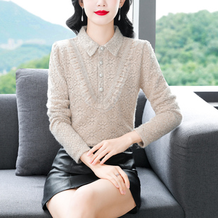 时尚蕾丝打底衫女春秋冬装2025新款娃娃领洋气内搭加绒保暖女上衣