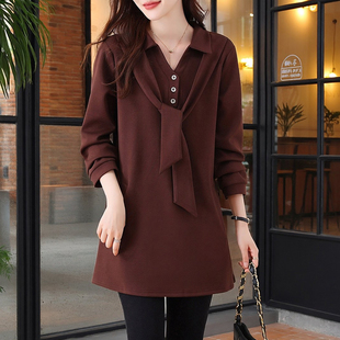 洋气高级感遮屁股女上衣 咖啡色翻领系带卫衣女中长款 2026新款 春装