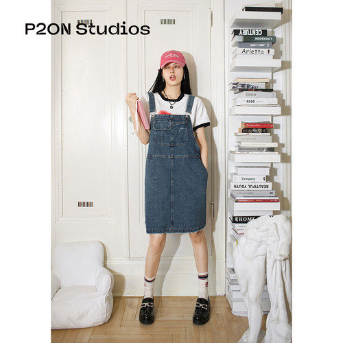 P2ON Studios 复古中蓝A字宽松百搭牛仔背带裙