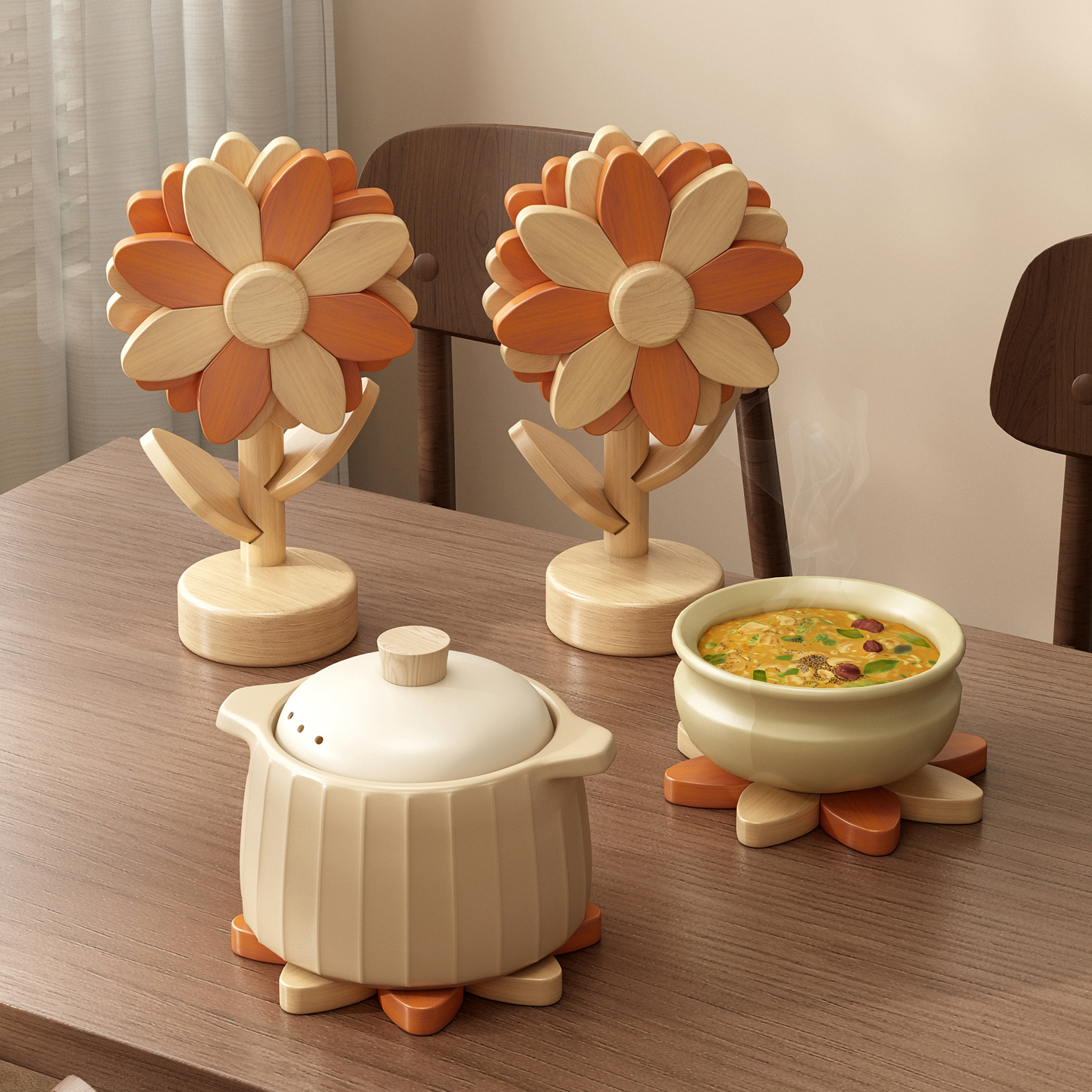 高颜值防滑放烫实木向日葵餐垫