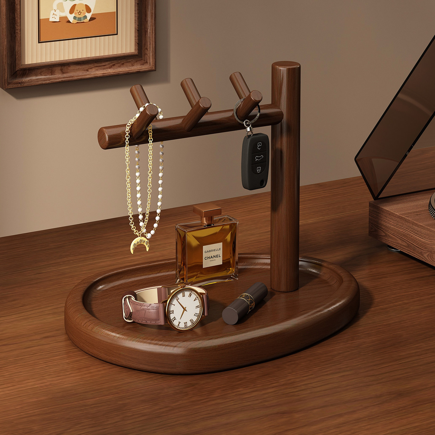 实木入户钥匙收纳挂架桌面香水香薰架化妆品置物架首饰托盘展示架