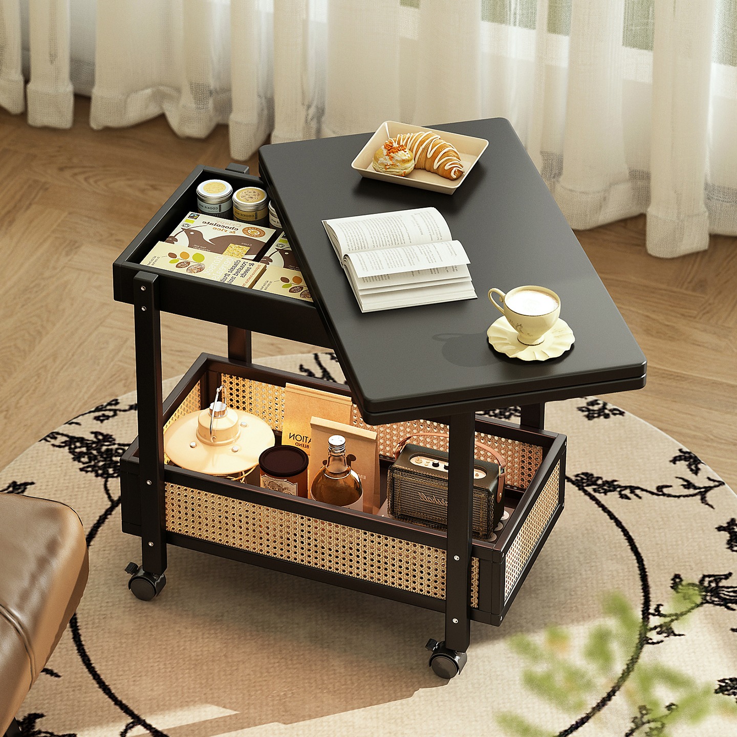中古风可移动茶几沙发边几柜床头小桌子小户型折叠推车客厅置物架