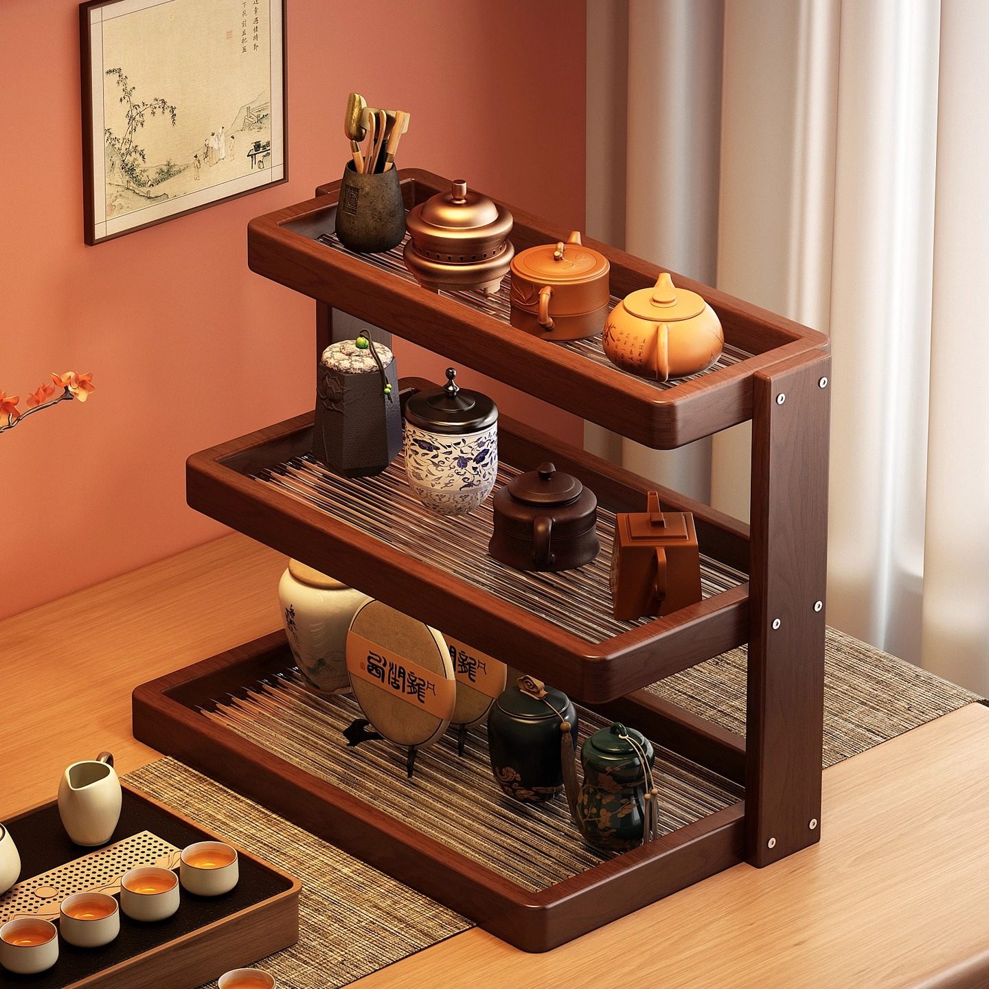 实木桌面博古架多层置物架