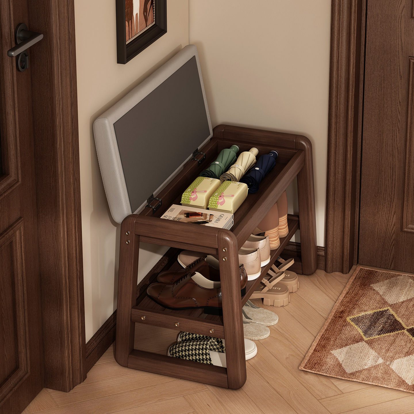 实木储物换鞋凳鞋架，一凳多用