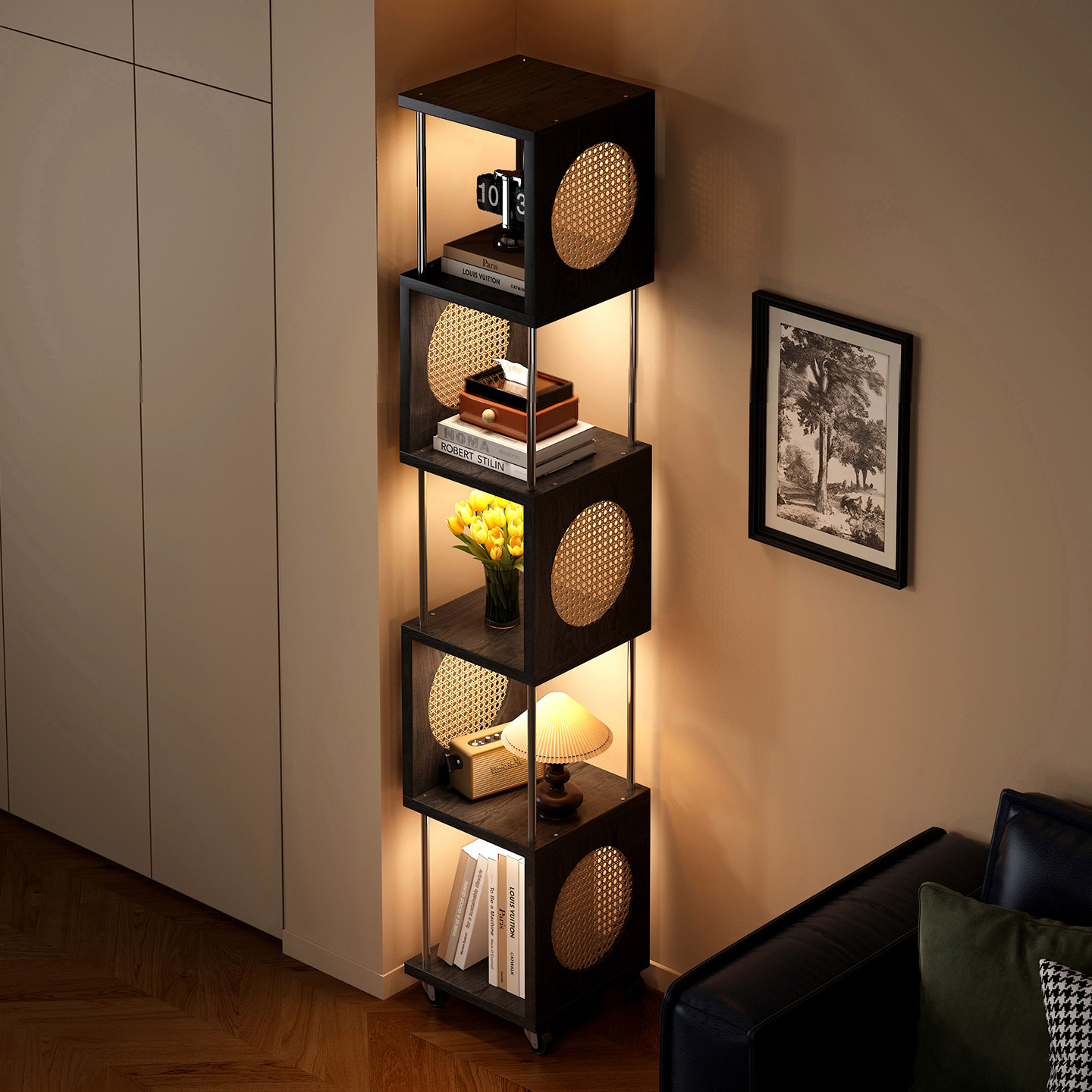 实木转角柜墙角置物架客厅三角柜子墙角拐角柜储物展示柜移动书架