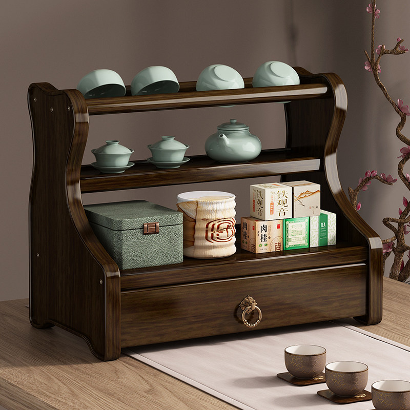 桌面博古架实木中式小型茶水置物架茶叶紫砂壶摆放架茶具加收纳架