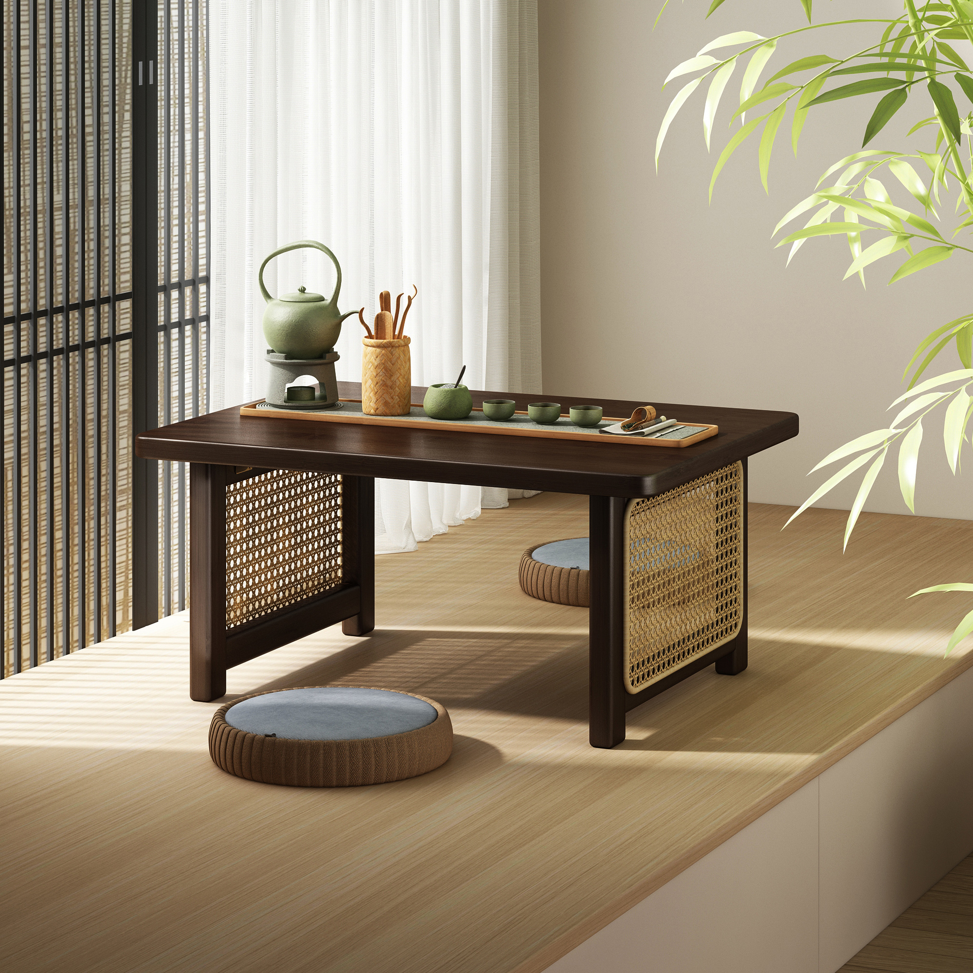 中式折叠小桌子家用飘窗桌床上矮桌炕桌茶桌榻榻米休闲藤编小茶几