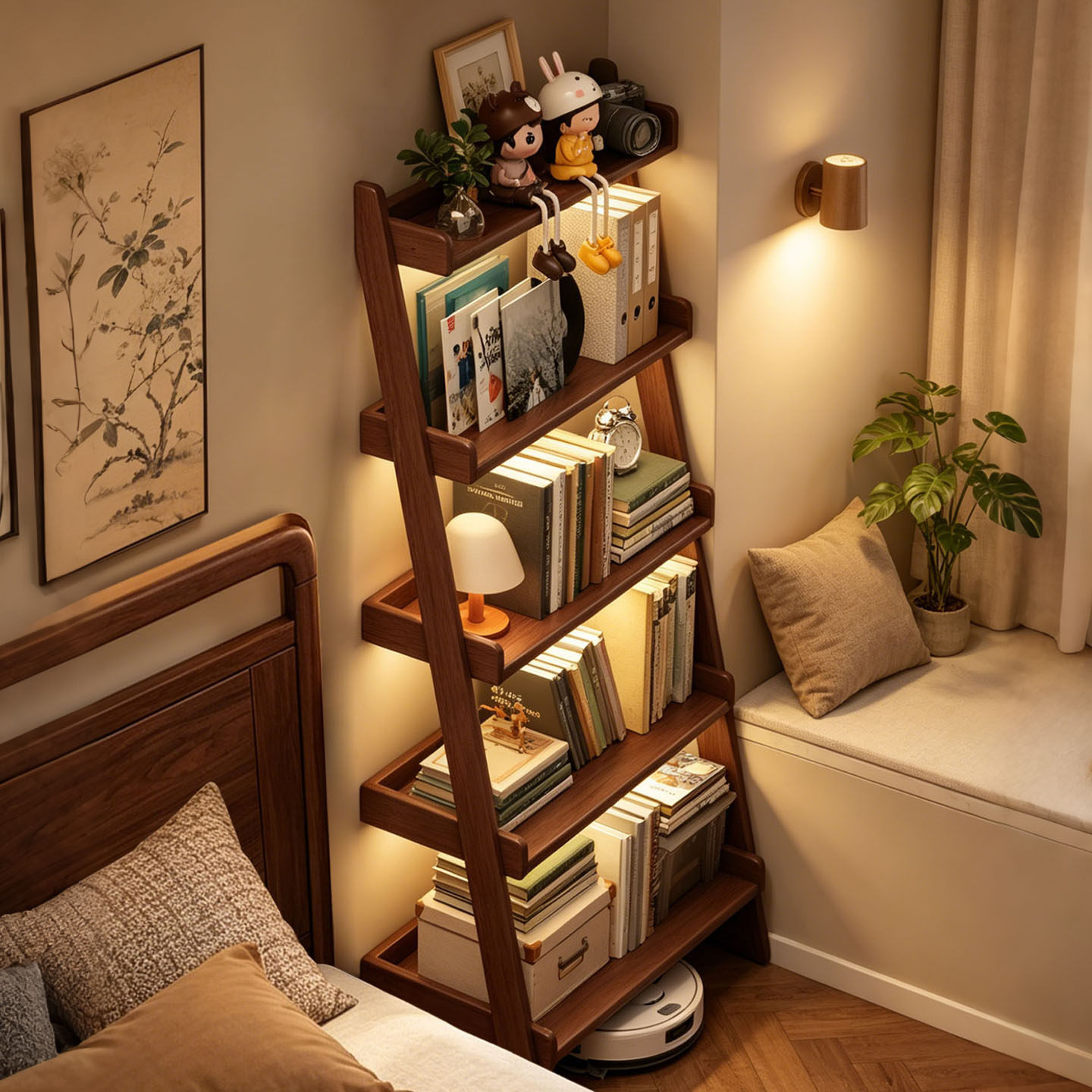 实木置物架神器替代床头柜卧室多层收纳架落地床边窄夹缝柜中古风