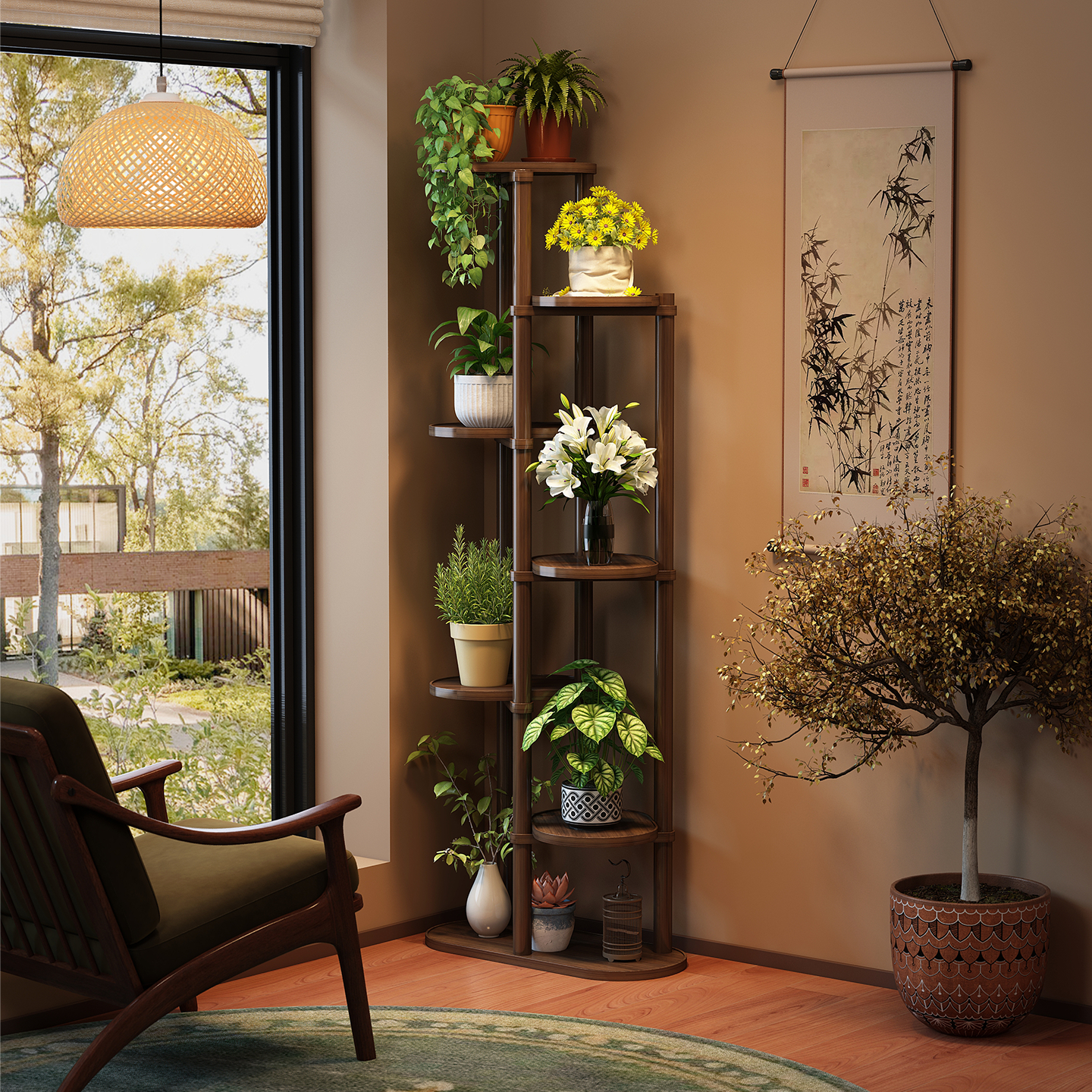 实木花架子阳台客厅落地式置物架中式博古架室内植物盆栽架转角架