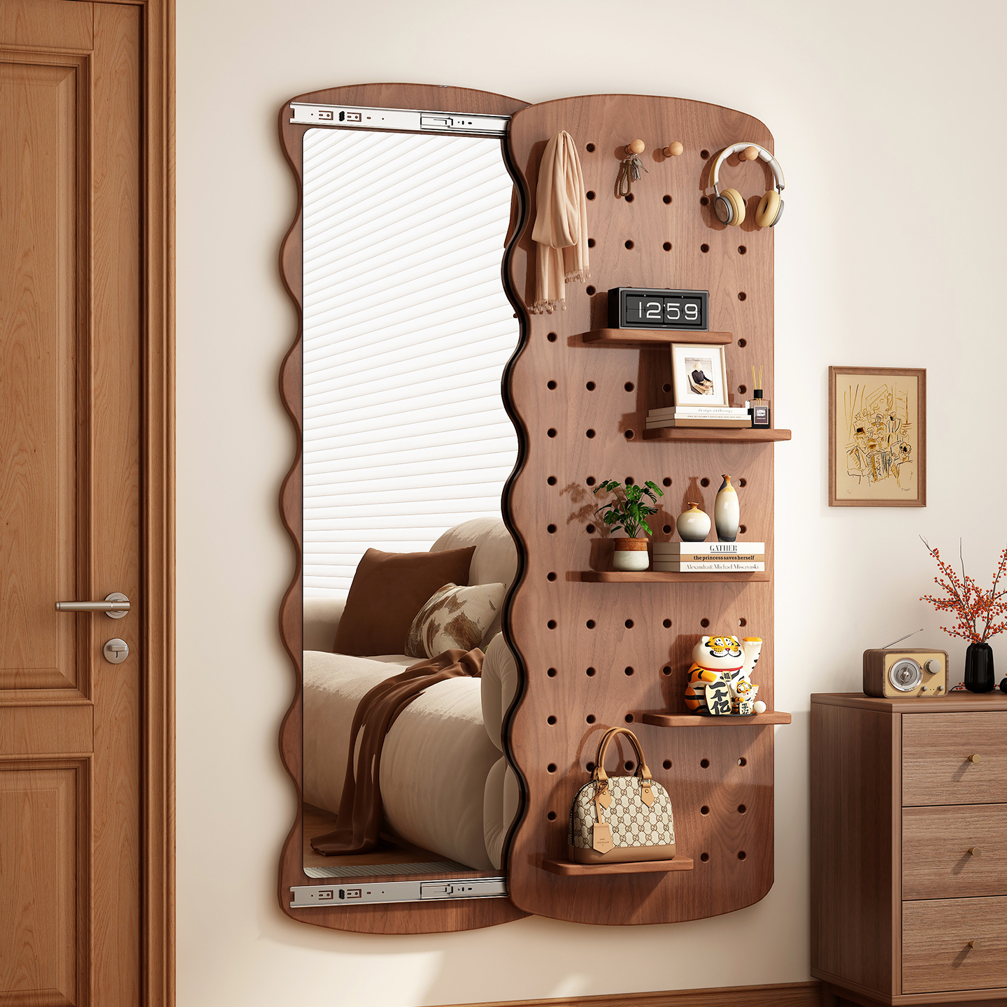 玄关隐藏收纳镜子洞洞板一体