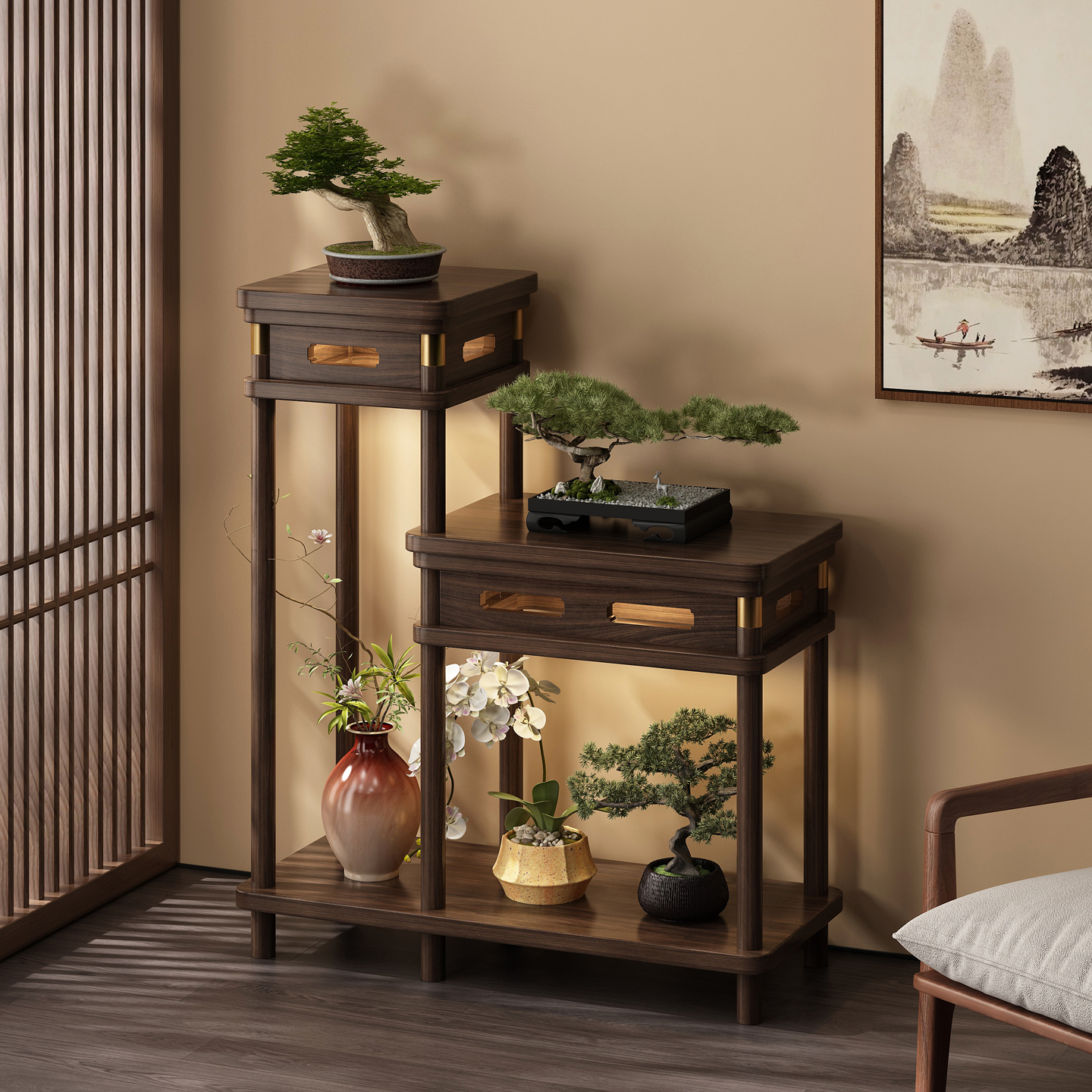 博古架实木中式花架放置架宋氏美学茶室植物摆放架落地绿植展示架