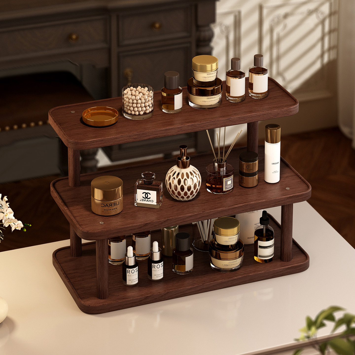 实木化妆品置物架多层复古风卧室梳妆台桌面护肤品香水口红收纳架