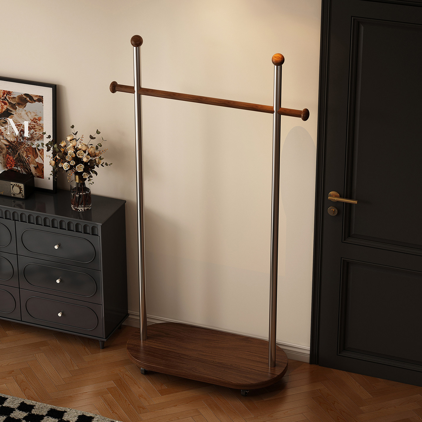 【不锈钢】实木可移动衣帽架