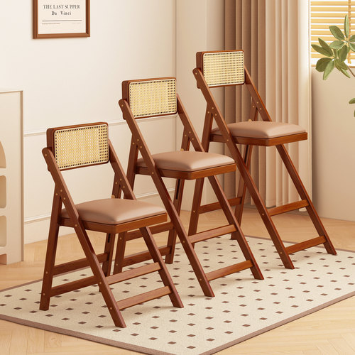 中古风可折叠吧台椅家用饭厅椅子实木高脚凳日系藤编靠背椅酒吧凳