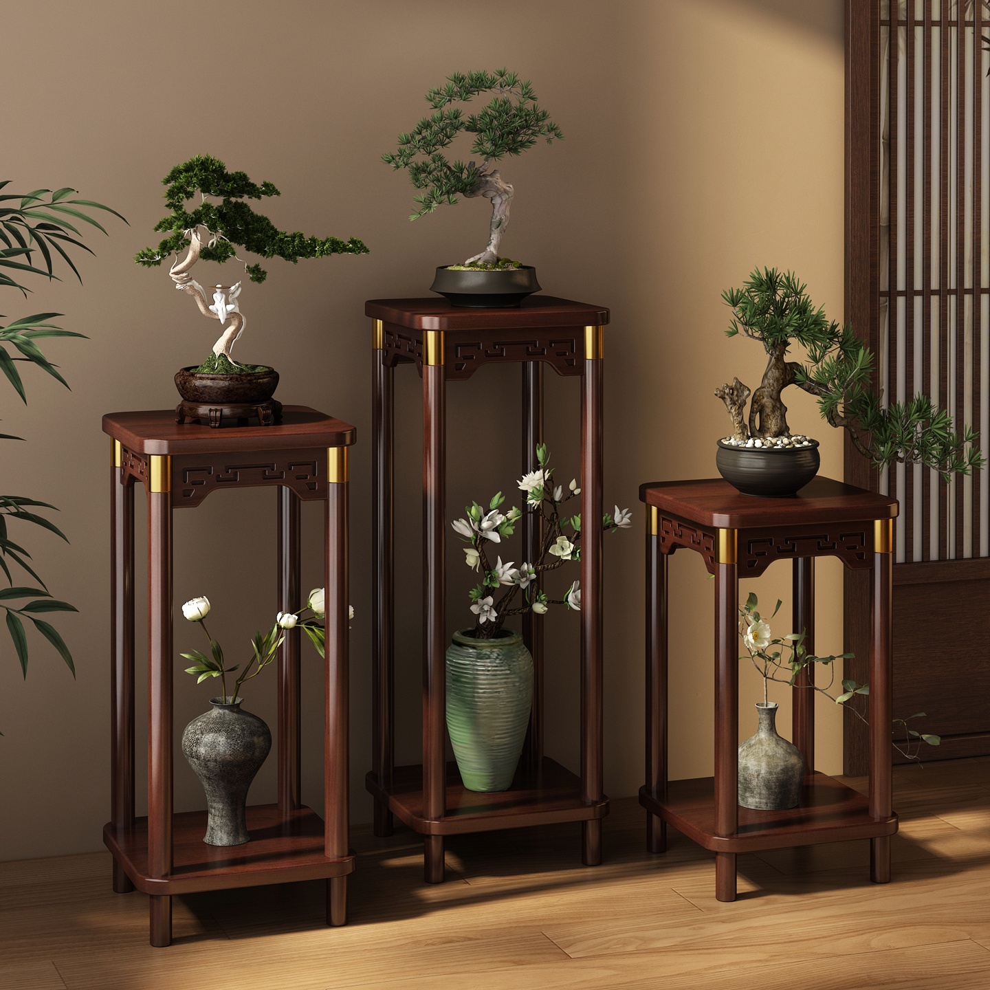 姿竹中式实木花架2025新款